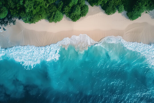 Aerial view of the ocean bordering a sandy beach, with waves gently crashing on the shore. Vacation, travel concept