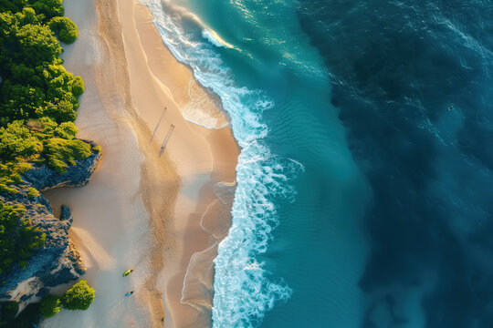Vacation, travel concept. Aerial view of the ocean bordering a sandy beach, with waves gently crashing onto the shore