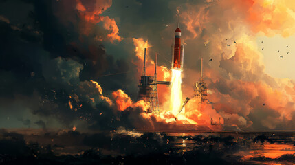 A rocket launches from the platform amid massive smoke and fire, looking clean and realistic.