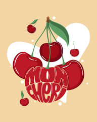 Valentine's day postcard with cherry, hearts and romantic hand drawn sign