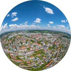 Senden an der Iller in Bayerisch-Schwaben im Luftbild, Little Planet-Ansicht, freigestellt