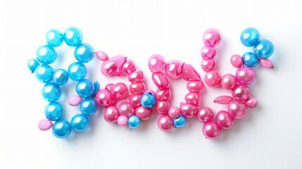 The words Baby made from blue and pink balloons