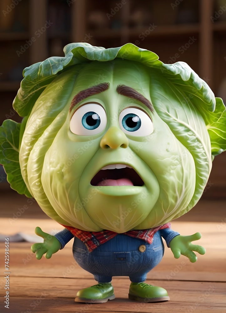 Poster with an expression of surprise, this adorable animated cabbage character adds a playful and friendly