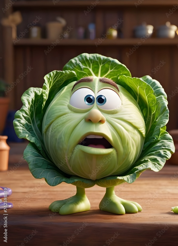 Poster with an expression of surprise, this adorable animated cabbage character adds a playful and friendly