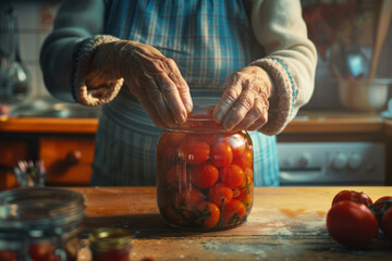 Grandma pulling out or pickling tomatoes on the kitchen, stocking up for the winter, or opening a jar with pickled tomatoes
