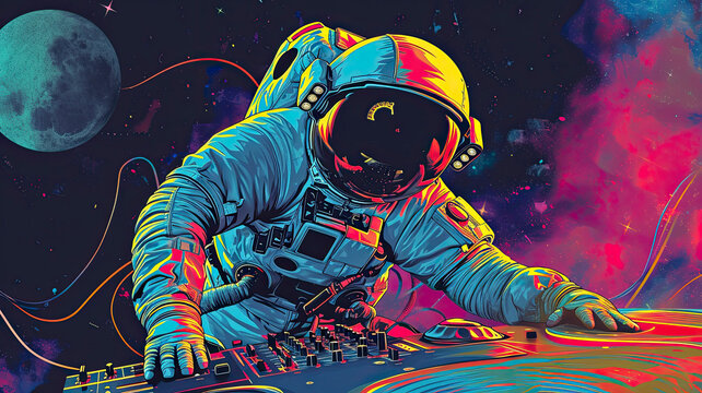 DJ astronaut in spacesuit plays music colorful background digital art vector style