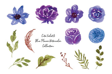 Beautiful Blue Flower and Leaf Watercolor Collection