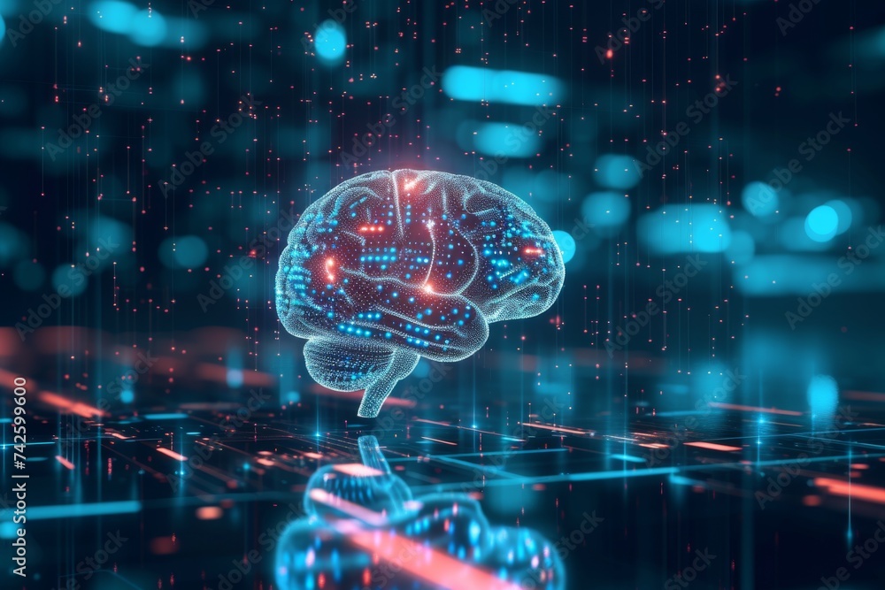 Poster ai brain chip time. artificial intelligence transport mind default mode network circuit board. neuro