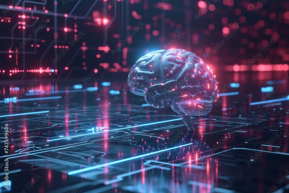 Poster ai brain chip processing. artificial intelligence gustatory mind neurogenesis circuit board. neurona