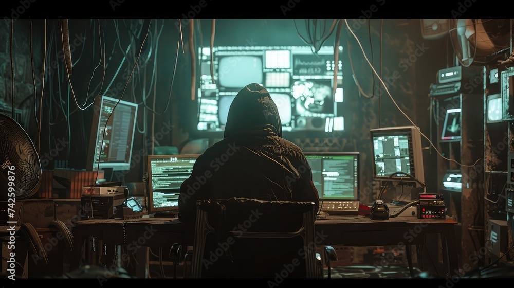 Poster dangerous hooded hacker breaks into government data servers and infects their system with a virus. h