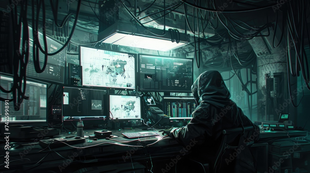 Poster dangerous hooded hacker breaks into government data servers and infects their system with a virus. h