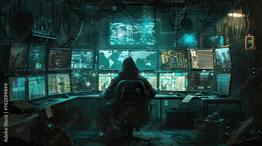 Poster dangerous hooded hacker breaks into government data servers and infects their system with a virus. h