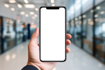 Hand holding mobile phone with empty screen for mockup in the mall