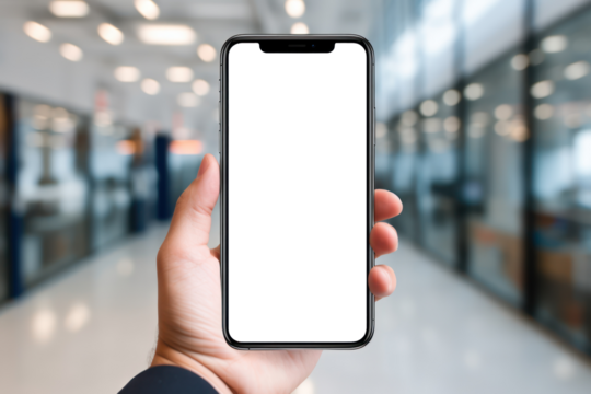 Hand holding mobile phone with empty screen for mockup in the mall