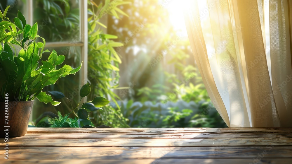 Poster empty of wood table top on blur of curtain window and abstract green from garden with sunlight .for 