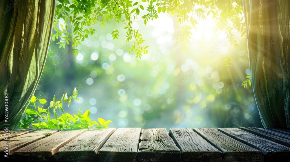 Poster empty of wood table top on blur of curtain window and abstract green from garden with sunlight .for 