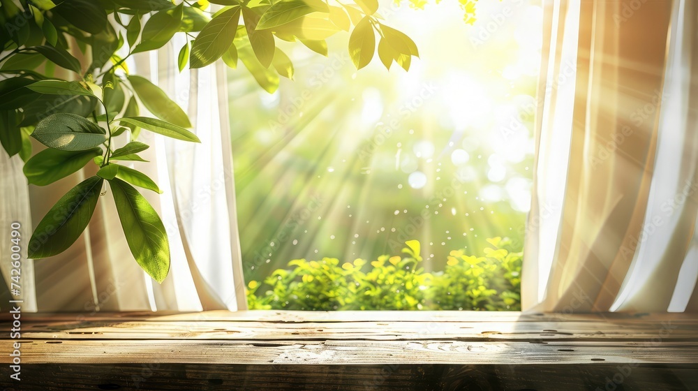 Poster empty of wood table top on blur of curtain window and abstract green from garden with sunlight .for 