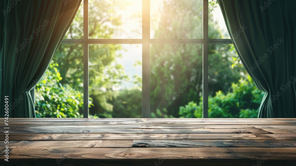 Poster empty of wood table top on blur of curtain window and abstract green from garden with sunlight .for 