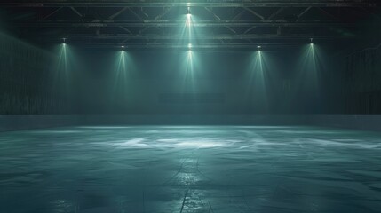 Empty ice rink illuminated by spotlights
