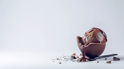 chocolate sundael, on light plain background, with empty copy space, professional food photography 