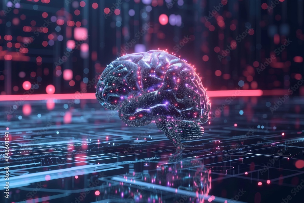 Poster ai brain chip transistor. artificial intelligence neurotechnology mind neurotransmitter uptake axon.
