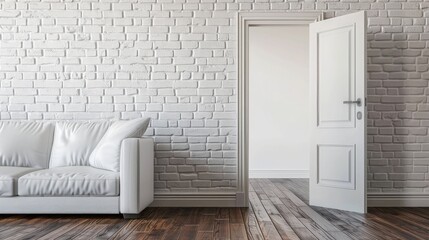 Half opened door to a living room. Door handle, door lock. Lounge door half open. Opening door. Welcome, privacy concept. Entrance to the room. Door at white brick wall, modern interior design. - obrazy, fototapety, plakaty