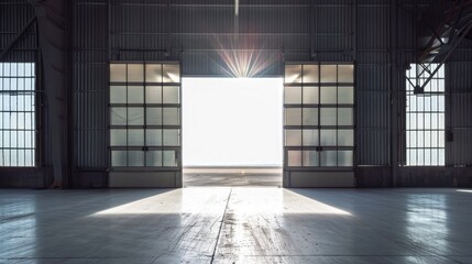Heavy steel doors opening. Large steel doors of an hanger like building opening and light coming in. with copyspace - obrazy, fototapety, plakaty