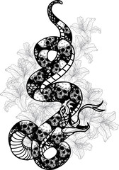 Tattoo art snak and skull pattern drawing and sketch black and white