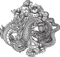 Tattoo art thai fish and thai snake in pond with lotus flowers pattern literature hand drawing sketch