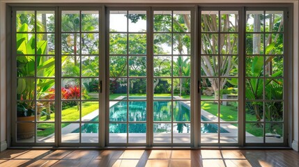 Large four pane window looking on summer backyard with pool and garden