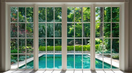Large four pane window looking on summer backyard with pool and garden