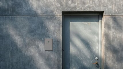 Light switch on the gray textured wall next to the door with metallic handle