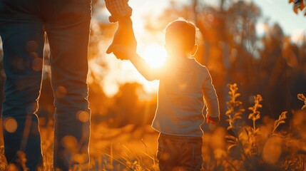 Little son, dad hold hands close up in nature in sun. Child father walk in park at sunset, family trust concept. Parent, kid boy outing together. Adoption of child. Happy family