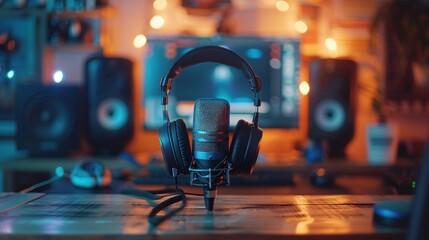 Podcast recording setup with mic and headphones on desk - obrazy, fototapety, plakaty