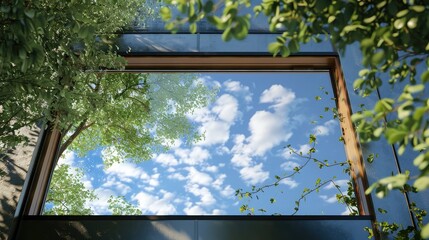 Modern residential window and trees and sky behind