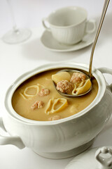 Pasta soup with meatballs. Galets, typical Christmas meal from Catalonia, Spain.