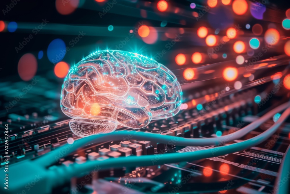Poster ai brain chip circuit. artificial intelligence findings human thalamus mind circuit board. neuronal 