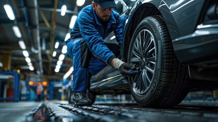 Auto technician mounts tire on wheel in a vehicle service bay