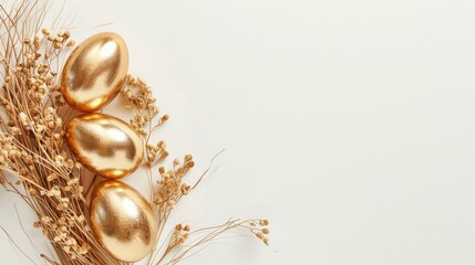 Stylish golden eggs easter concept. Easter gold eggs with golden dried flax linum bunch white background. Flat lay trendy easter. Happy easter card. Copy space for text