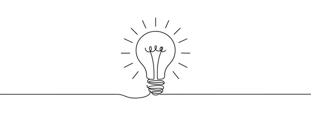 Light bulb continuous line vector illustration with editable stroke. Single line art of light bulb for business idea, brainstorm or electricity concept. Simple hand drawn outline silhouette. - obrazy, fototapety, plakaty
