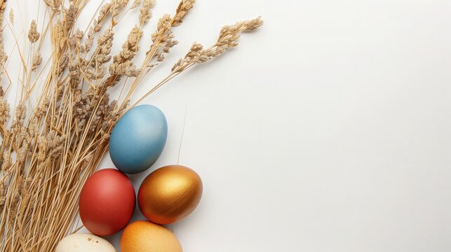 Stylish colorfull eggs easter concept. Easter colorfull eggs with golden dried flax linum bunch white background. Flat lay trendy easter. Happy easter card. Copy space for text