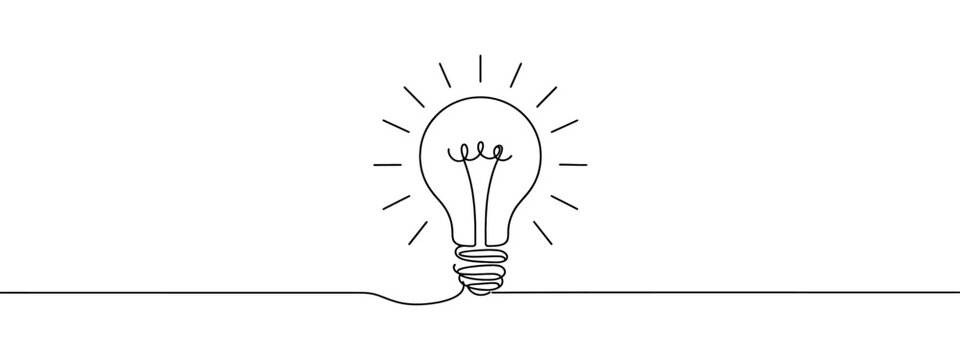 Light bulb continuous line vector illustration with editable stroke. Single line art of light bulb for business idea, brainstorm or electricity concept. Simple hand drawn outline silhouette.