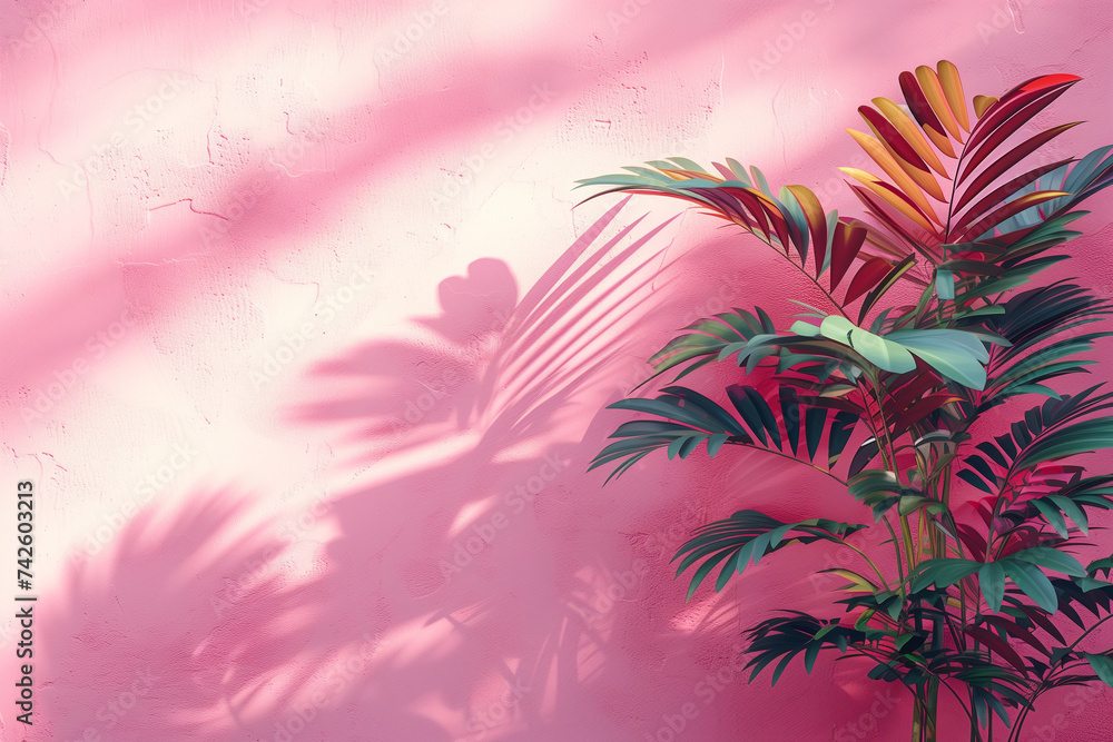 Poster a potted plant sits next to a pink wall, creating a simple and elegant composition with a green leaf