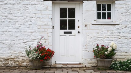 Fototapeta na wymiar White front door with small square decorative windows and flower pots