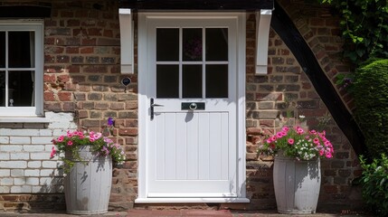 White front door with small square decorative windows and flower pots