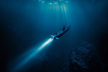 Submarine underwater in the ocean with light
