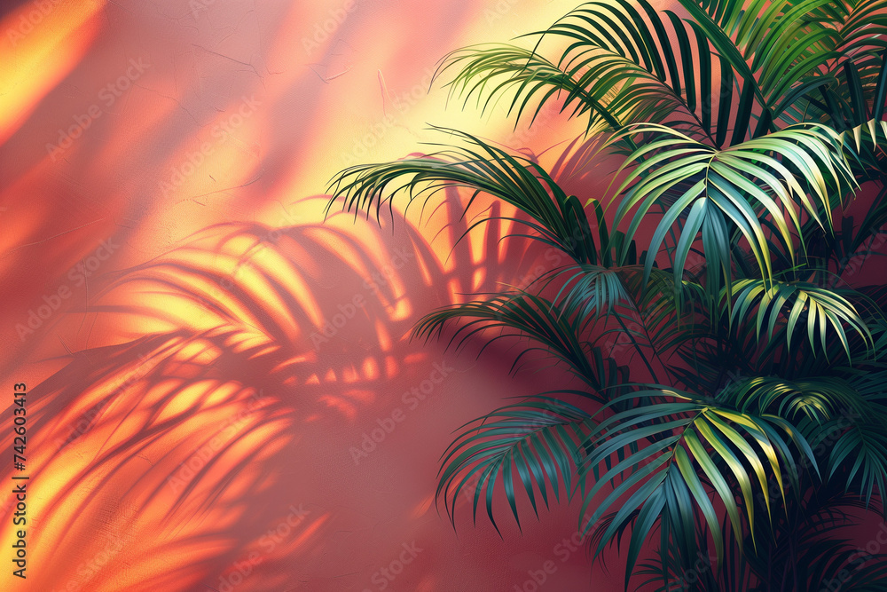 Poster a close-up of a palm tree casting a shadow on a wall, creating a minimal abstract background with gr
