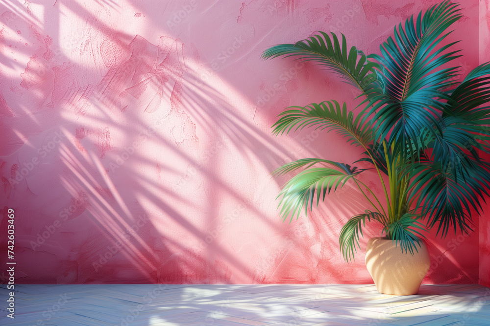 Poster a potted plant with green leaves in front of a pink wall, creating a minimalistic and abstract backg