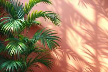A palm tree casts a shadow on a wall, creating a striking visual contrast between light and dark, with copy space