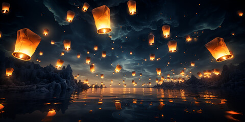 Lanterns fly in sky at river, Flying lanterns in the night sky during the Diwali festival